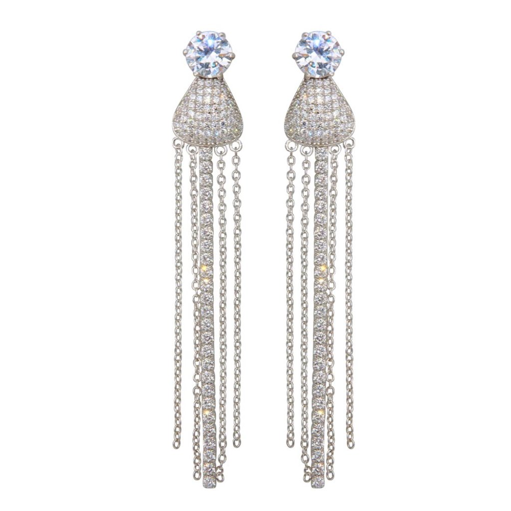 Silver 925 Cz Teardrop Chain Dangling Earrings